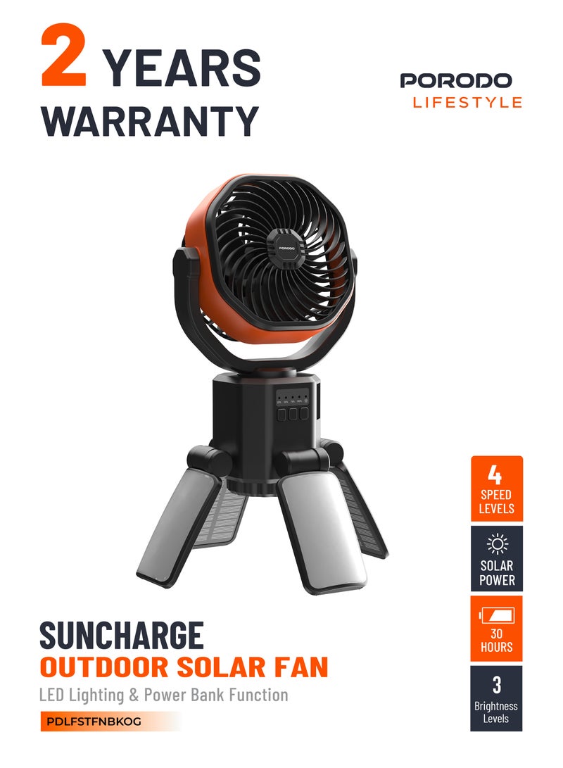 بورودو مروحة لايف ستايل صن تشارج الخارجية تعمل بالطاقة الشمسية مع إضاءة LED وخاصية بنك الطاقة / مروحة محمولة ببطارية 6000 مللي أمبير / ساعة / خطاف تعليق قابل للطي / 4 مستويات سرعة - أسود/برتقالي - Image 1