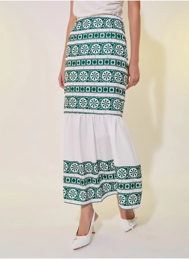 ستايلي Printed Mid-Rise Ruffle Hem Midi Skirt