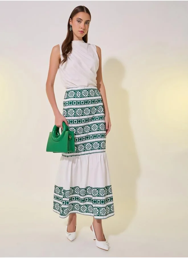 ستايلي Printed Mid-Rise Ruffle Hem Midi Skirt