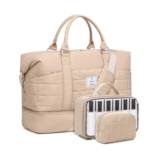 Stuery Puffer Weekender Bags for Women Large Overnight Bags Travel Duffel Bag Carry On Shoulder Weekend Tote with Shoe Laptop Compartment Toiletry Bags for Airplane Traveling Gym Khaki - Image 1