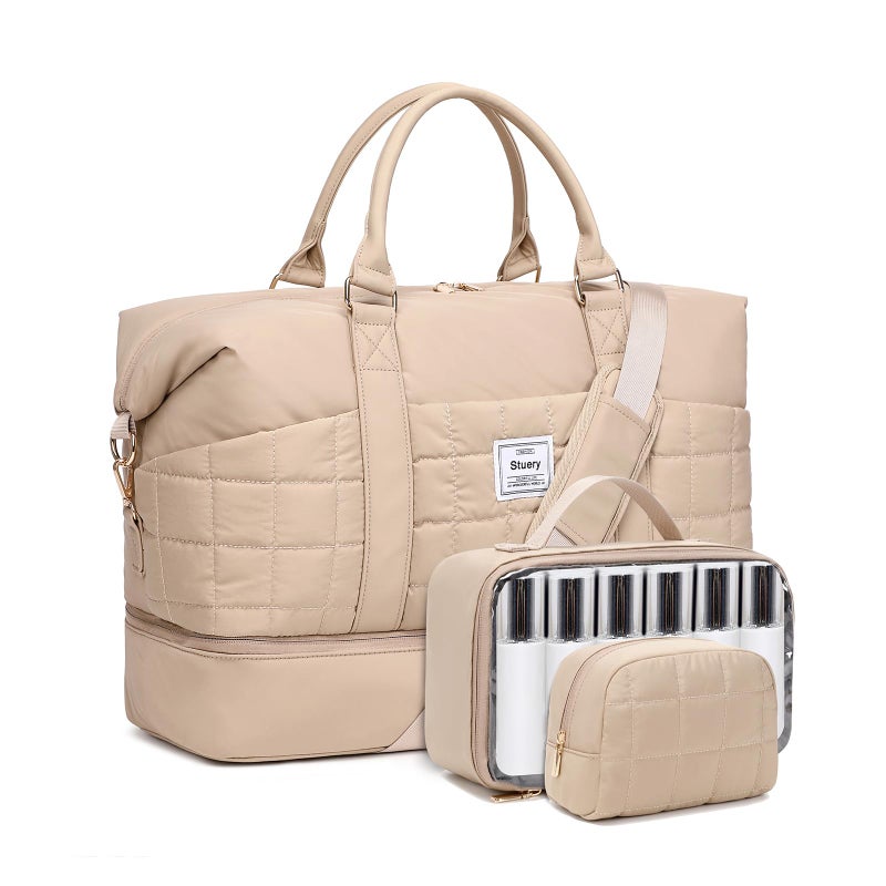 Stuery Puffer Weekender Bags for Women Large Overnight Bags Travel Duffel Bag Carry On Shoulder Weekend Tote with Shoe Laptop Compartment Toiletry Bags for Airplane Traveling Gym Khaki - Image 2