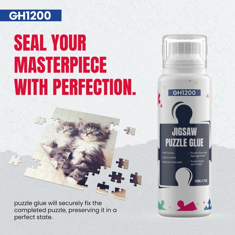 GH1200 عبوة مزدوجة 140 مل من لاصق الألغاز مع رأس إسفنجي جديد، مناسب لألغاز من 1000/3000/5000 قطعة من الورق والخشب، لاصق ألغاز شفاف قابل للذوبان في الماء، يجف بسرعة، 280 مل - Image 5