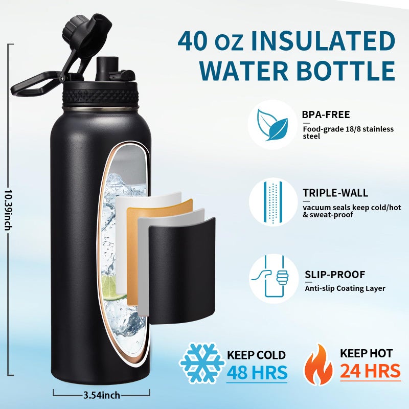 VICKNIY Water Bottle with Straw - 40 oz Stainless Steel Water Bottles  Big Water Jug Vacuum Insulated Waterbottle with Paracord Handle  Straw / Auto Spout Lid  Strap Sleeve  Metal Reusable Water Bottle Black - Image 2