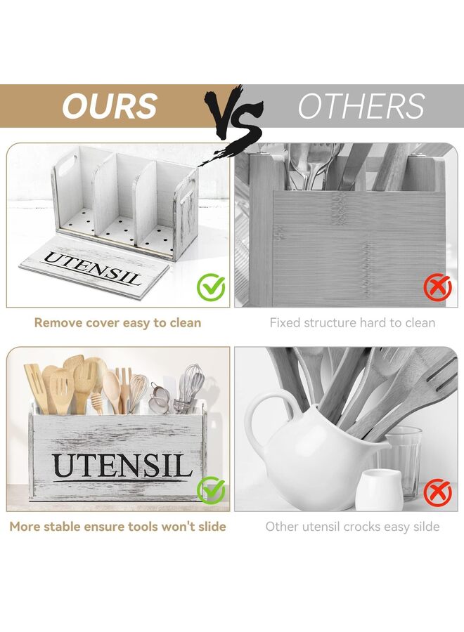 يُسلِّم حامل أدوات مطبخ أبيض، منظم أدوات خشبي كبير ريفي، لتخزين أدوات الطبخ، منظم سطح العمل، منظم أدوات الطبخ، منظم المطبخ والتخزين - Image 3