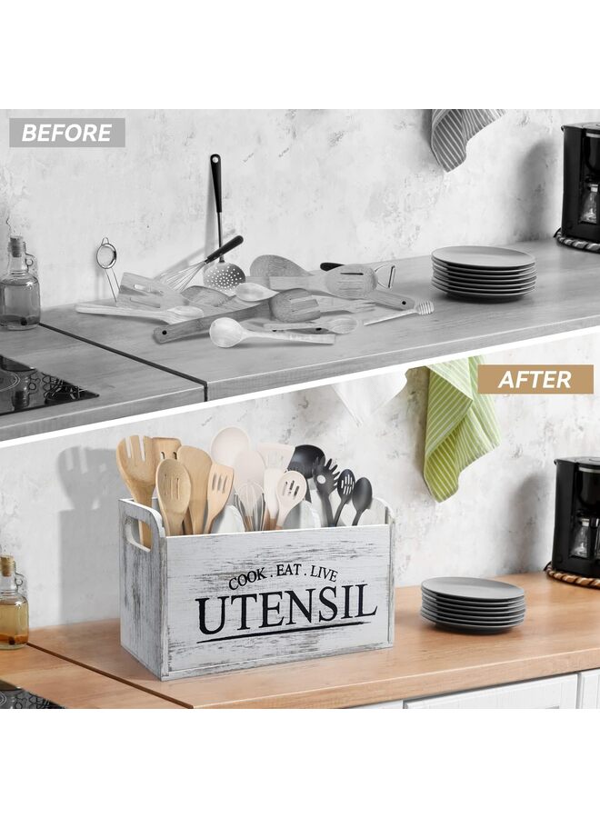 يُسلِّم حامل أدوات مطبخ أبيض، منظم أدوات خشبي كبير ريفي، لتخزين أدوات الطبخ، منظم سطح العمل، منظم أدوات الطبخ، منظم المطبخ والتخزين - Image 4