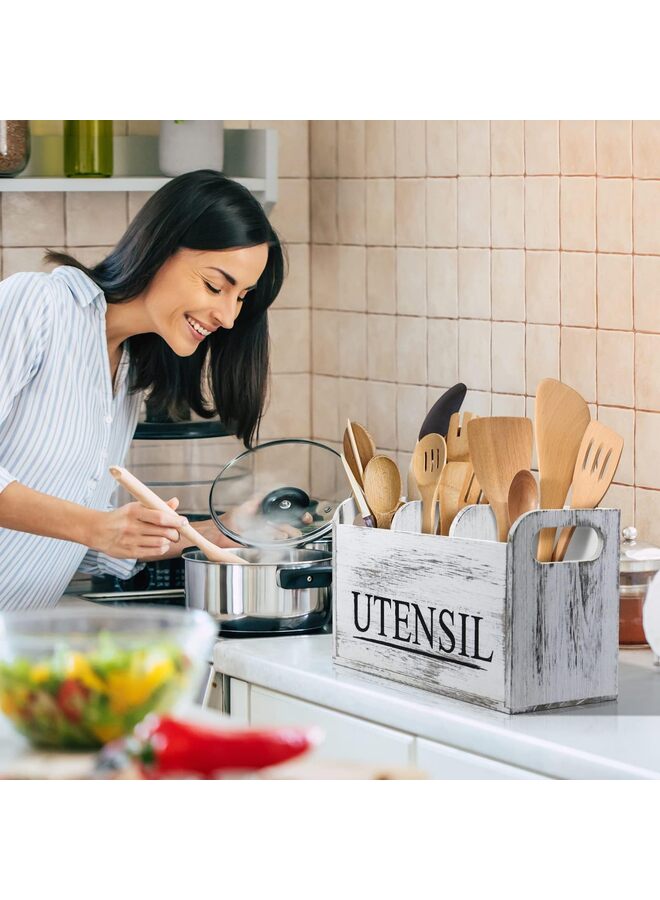 يُسلِّم حامل أدوات مطبخ أبيض، منظم أدوات خشبي كبير ريفي، لتخزين أدوات الطبخ، منظم سطح العمل، منظم أدوات الطبخ، منظم المطبخ والتخزين - Image 2