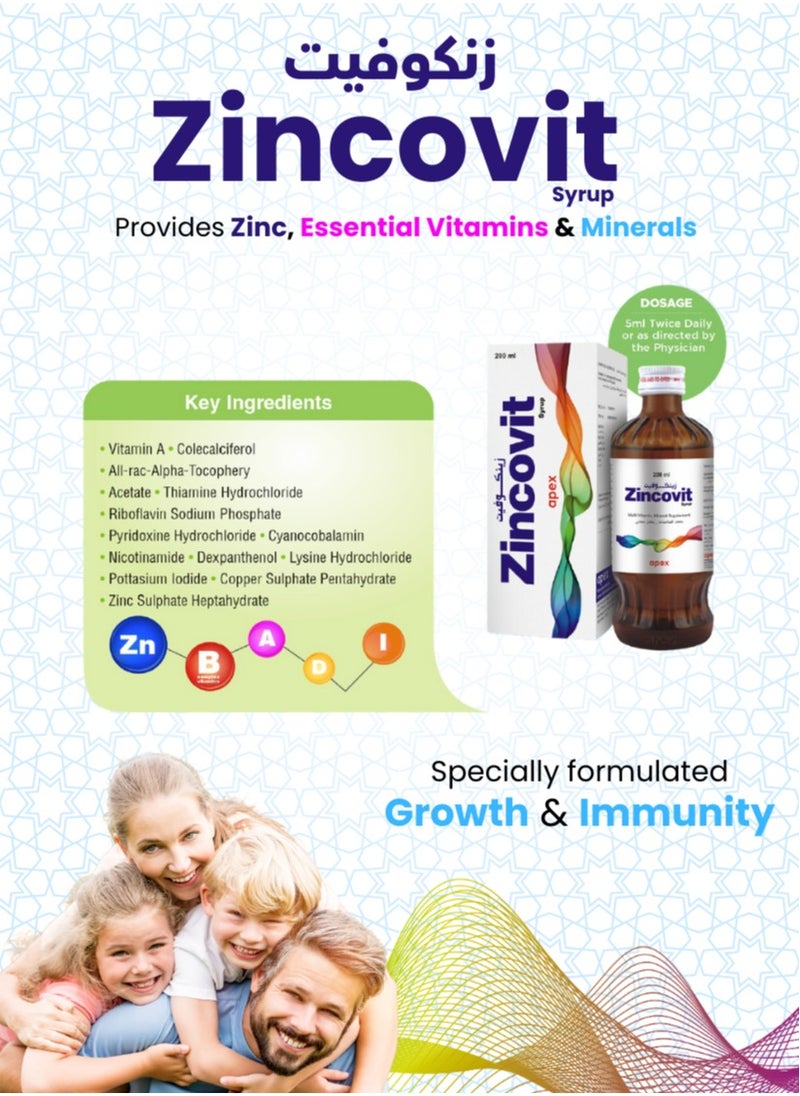 APEX - Zincovit Syrup 200ml - Essential Mineral Supplement for Overall Health and Immunity Support - Image 1