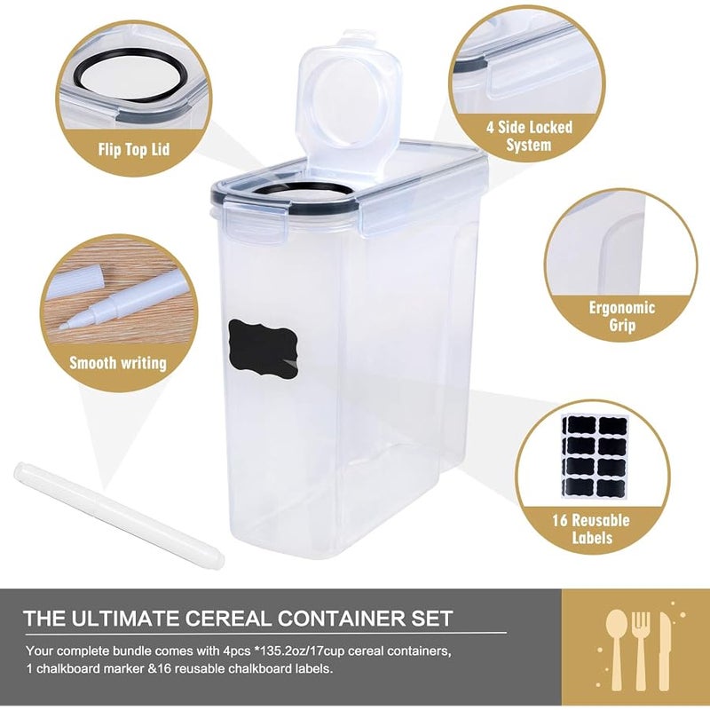 FOOYOO Cereal Containers Storage Set - 4 Piece Airtight Large Dry Food Storage Containers(135.2oz), BPA Free Dispenser Plastic Cereal Storage Containers with 16 Labels & Pen - - Image 2