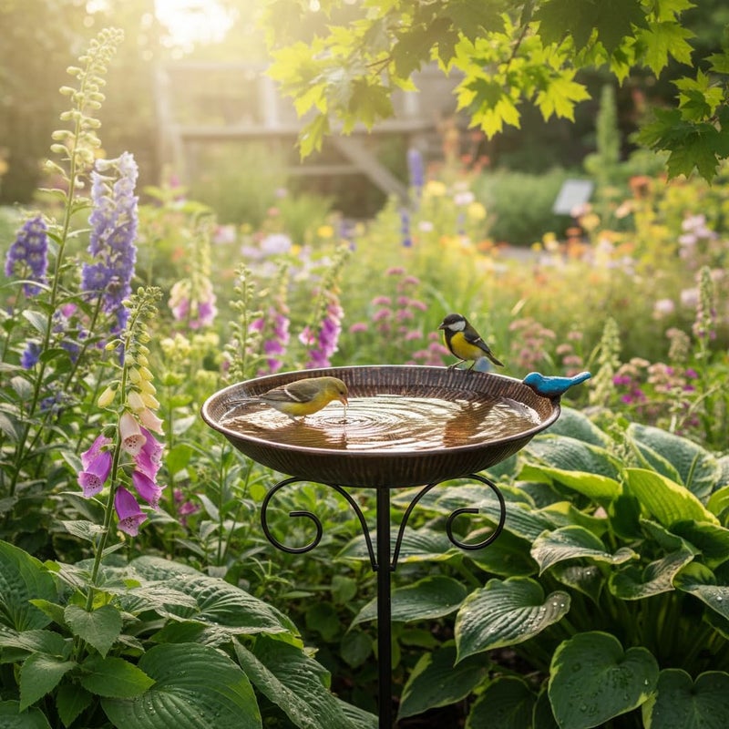 VEWOSTAR Metal Bird Bath for Outdoor,10" Wide Standing Frees Birdfeeder with Metal Stake,Vintage Bird Baths Feeder Bowl for Outdoors Garden Patio Yard Lawn Decor (Antique Bronze) - Image 3