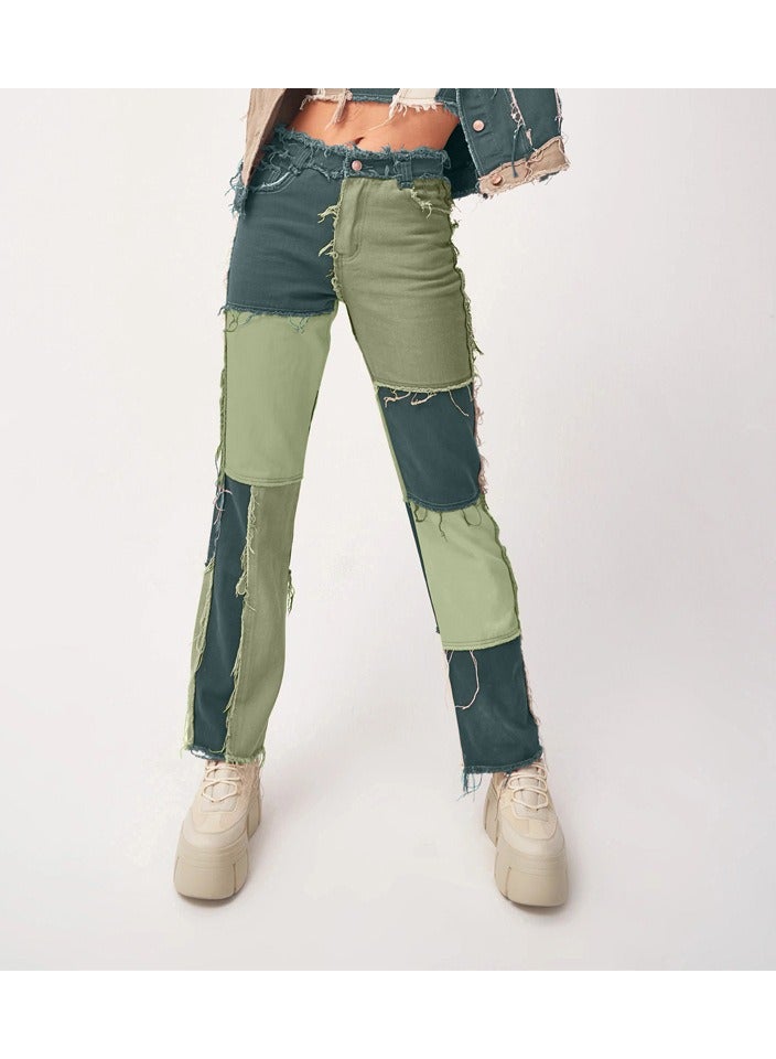Loquat Trendy Variegated Panels, High-waisted Women's Straight-leg Denim Trousers - Image 1