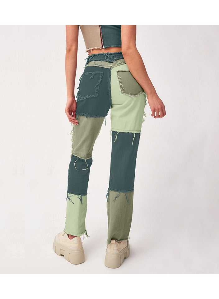Loquat Trendy Variegated Panels, High-waisted Women's Straight-leg Denim Trousers - Image 2