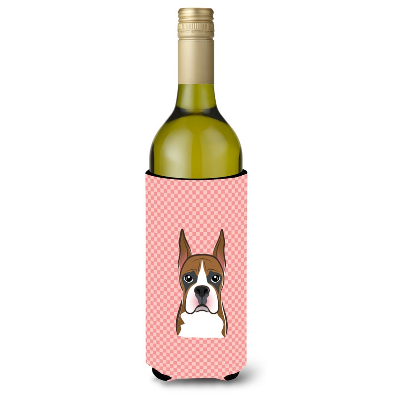 Caroline's Treasures Checkerboard Pink Boxer Wine Bottle Beverage Insulator Hugger BB1223LITERK 
