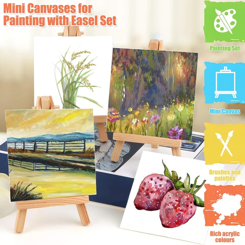 windforgecraft 34 Pcs Mini Canvas and Easel Set Small Wooden Tabletop Easel with Canvas for Painting with Acrylic Paint Palettes Paintbrushes Mini Canvas Painting Kit Painting Kit for Kids Students - Image 2
