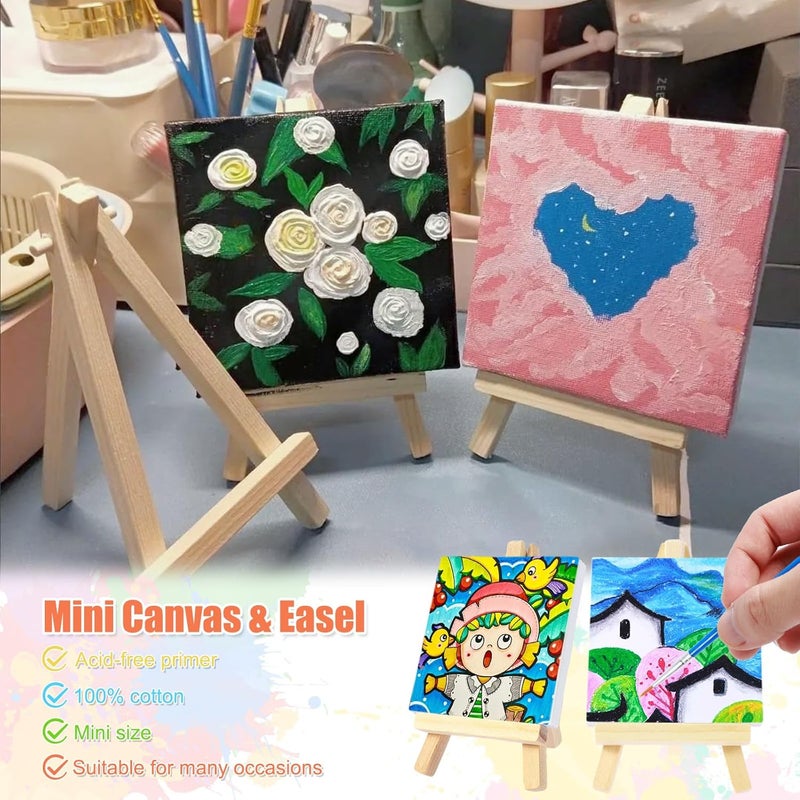 windforgecraft 34 Pcs Mini Canvas and Easel Set Small Wooden Tabletop Easel with Canvas for Painting with Acrylic Paint Palettes Paintbrushes Mini Canvas Painting Kit Painting Kit for Kids Students - Image 3