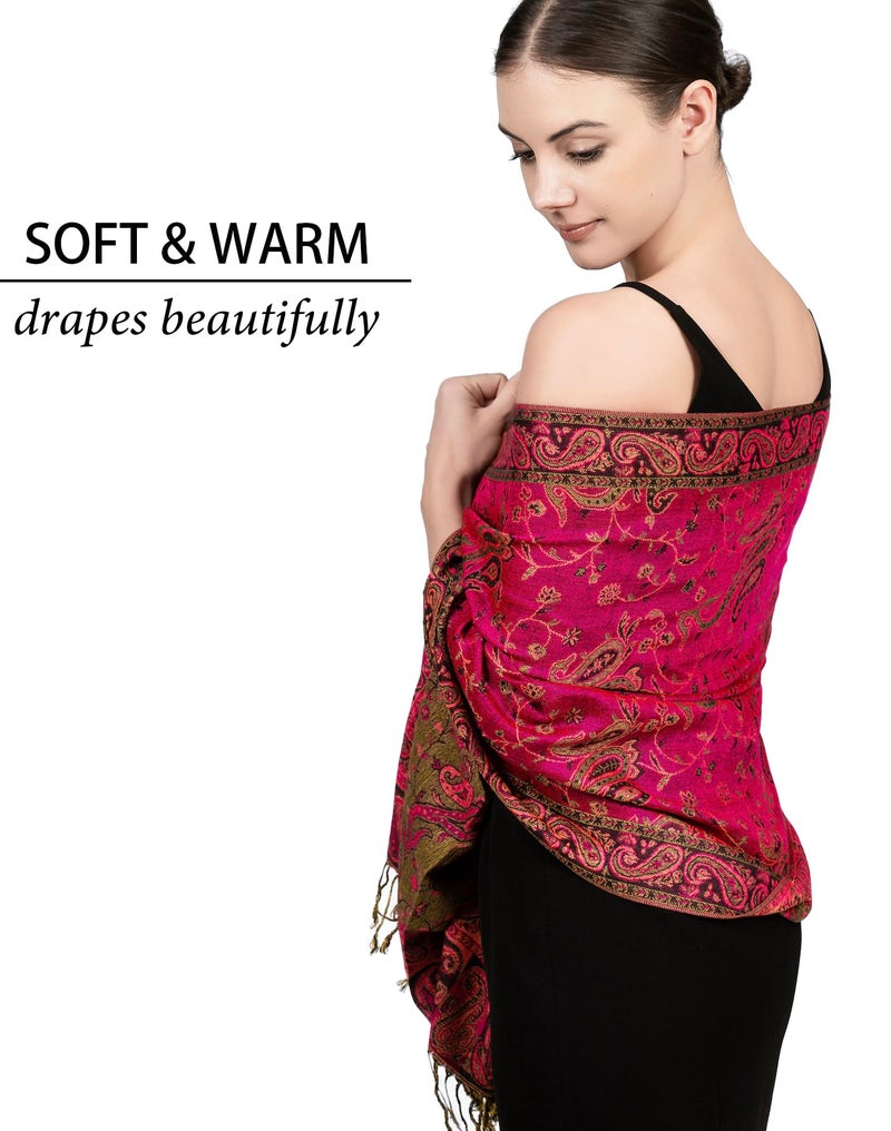 Achillea شال باهظ من الباشمينا القابل للعكس بتصميم بايزلي ناعم وحريري مع أطراف (فوشيا) - Image 3