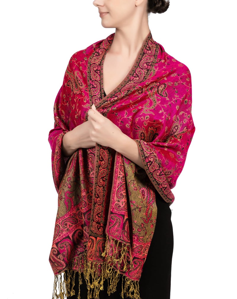 Achillea شال باهظ من الباشمينا القابل للعكس بتصميم بايزلي ناعم وحريري مع أطراف (فوشيا) - Image 2