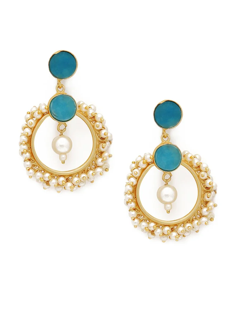 سوهي Turquoise Blue & White Stone Studded & Pearls Drop Earrings