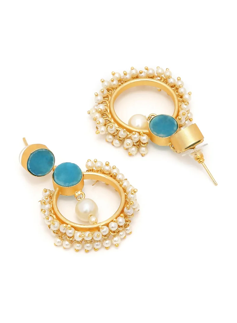 SOHI Turquoise Blue & White Stone Studded & Pearls Artificial Drop Earring Jewellery