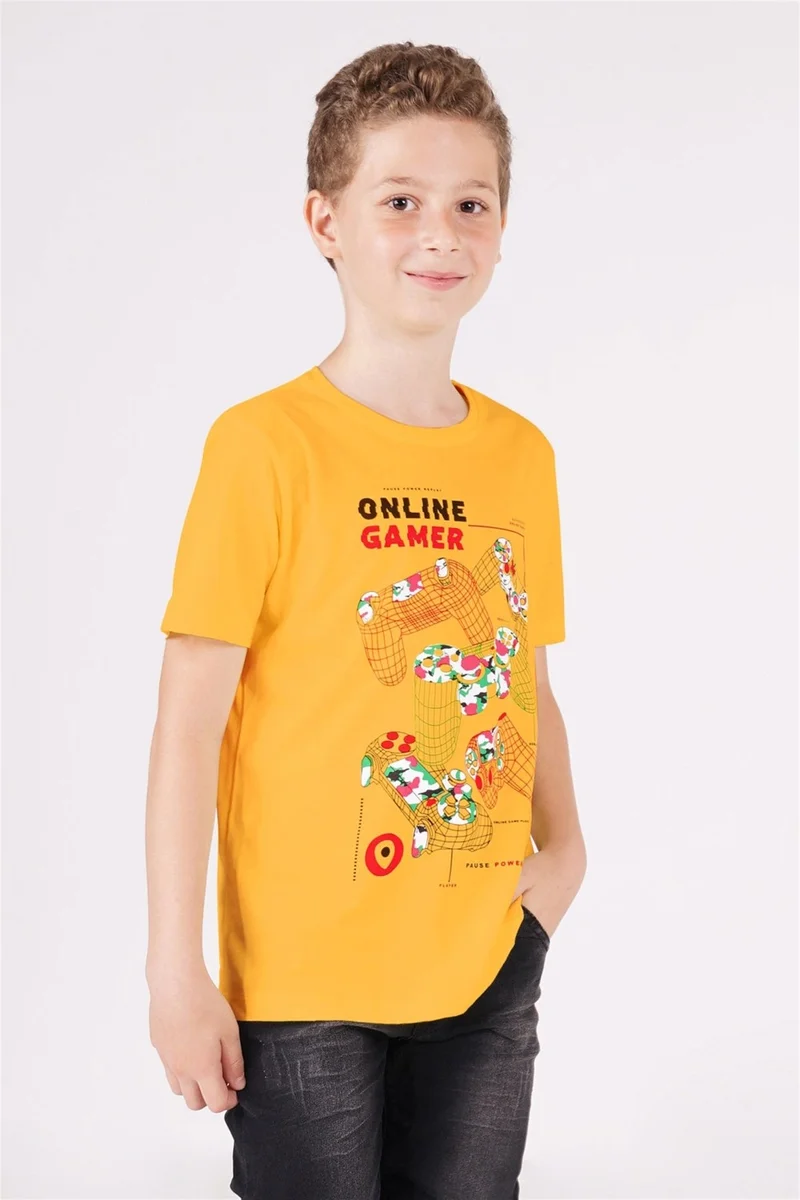 Zepkids Boy Mustard Colored Crew Neck Game Handle Printed T-Shirt