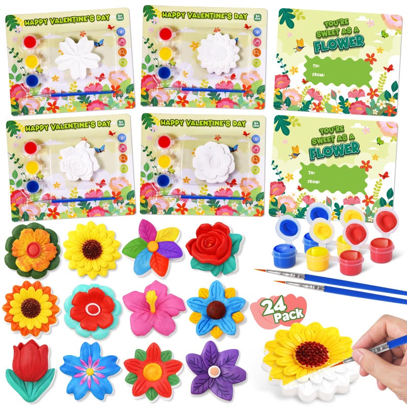 Letapapa Valentine's Day Cards for Kids school, 24 PACK Valentine's Day Cards for Kids with Flowers Plaster Painting Kit, Valentines Day Gifts for Kids for School Classroom Exchange, Valentines Party Favors - Image 1