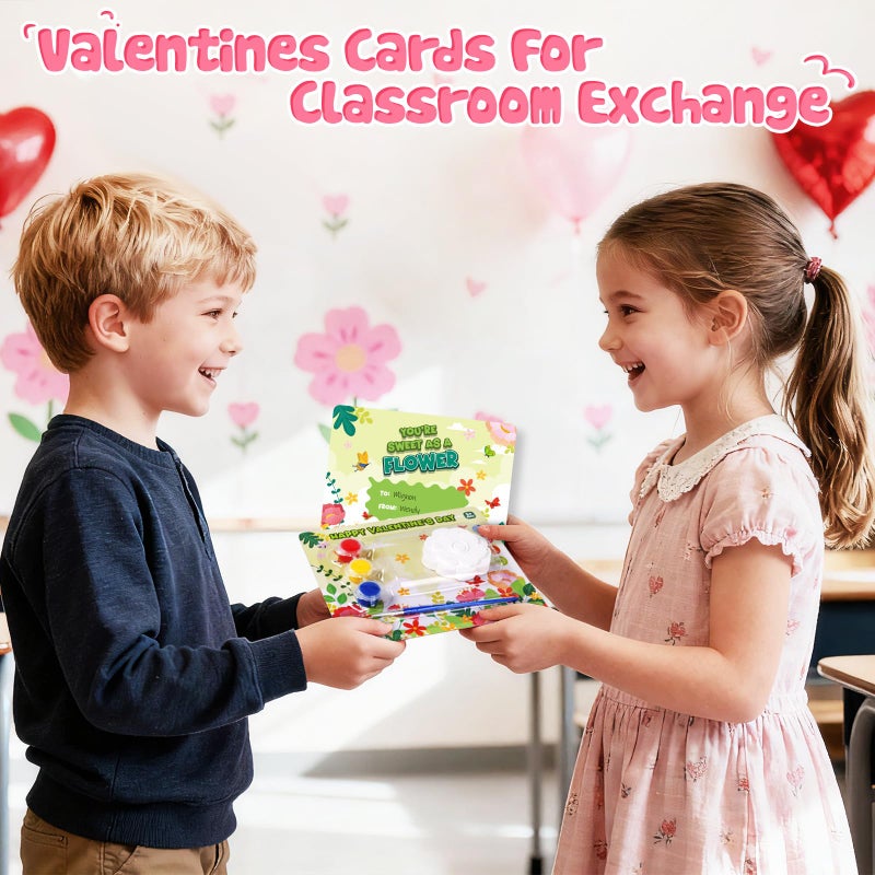 Letapapa Valentine's Day Cards for Kids school, 24 PACK Valentine's Day Cards for Kids with Flowers Plaster Painting Kit, Valentines Day Gifts for Kids for School Classroom Exchange, Valentines Party Favors - Image 2