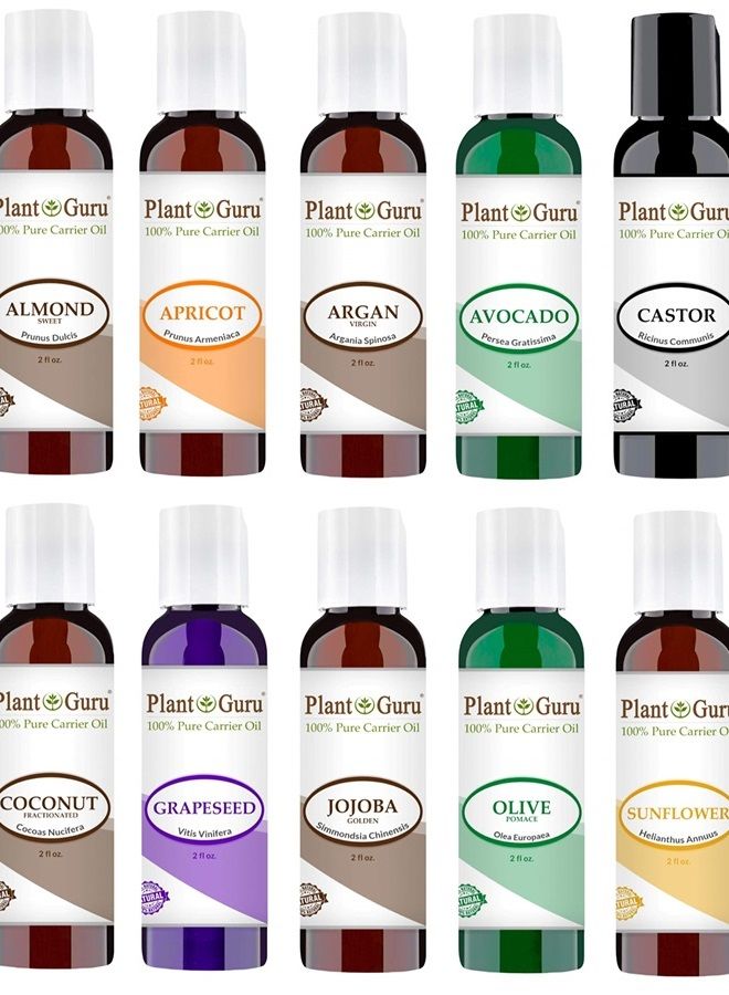 Plant Guru مجموعة زيوت حاملة متنوعة من 10 زجاجات سعة 2 أونصة - معصورة على البارد 100% طبيعية نقية، لوز حلو، نواة المشمش، أركان، أفوكادو، خروع، جوز الهند المFractionated، بذور العنب، جوجوبا، زيتون وعباد الشمس.