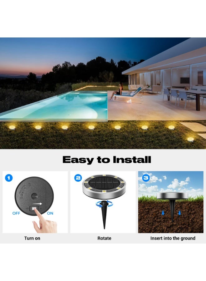 Arabest Peasur Solar Ground Lights Outdoor, 8 Pack Flat Solar Powered Disc Lights, IP68 Waterproof, Anti-Rust, Landscape Lighting for Pathway Garden Yard Lawn Walkway Landscape Driveway, Mini, Warm White - Image 4