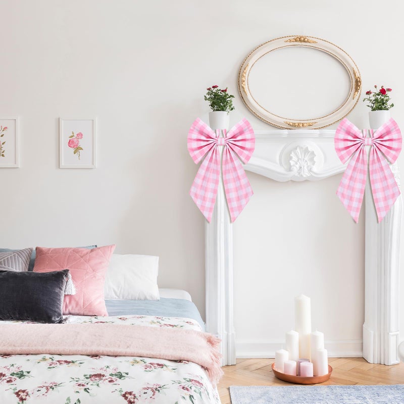 Suncalla 2 Pcs Pink Plaid Wreath Bow 19.6'' x 11.8'' Coquette Front Door Hanger Cute Bow Wreath Accessories Xmas Party Yard Doorway Indoor Outdoor Wall Decoration - Image 4