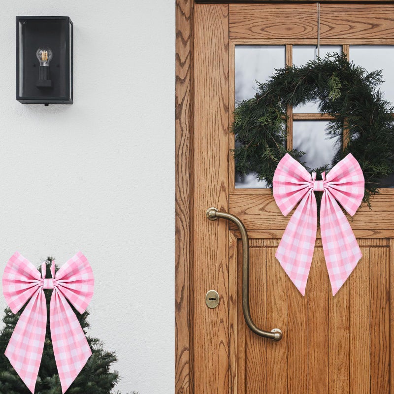 Suncalla 2 Pcs Pink Plaid Wreath Bow 19.6'' x 11.8'' Coquette Front Door Hanger Cute Bow Wreath Accessories Xmas Party Yard Doorway Indoor Outdoor Wall Decoration - Image 5