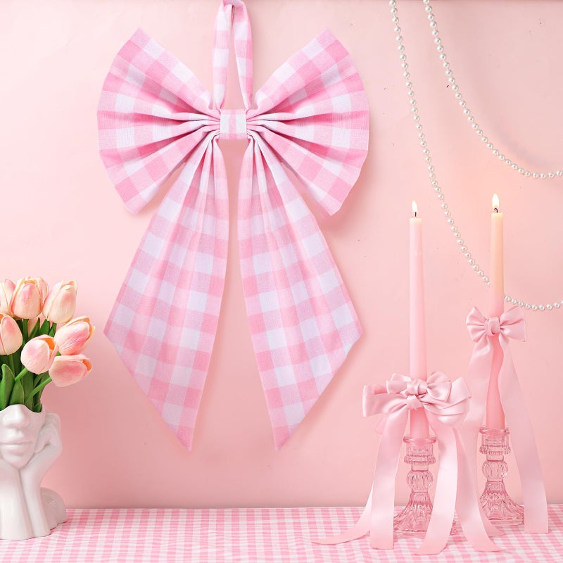 Suncalla 2 Pcs Pink Plaid Wreath Bow 19.6'' x 11.8'' Coquette Front Door Hanger Cute Bow Wreath Accessories Xmas Party Yard Doorway Indoor Outdoor Wall Decoration - Image 2