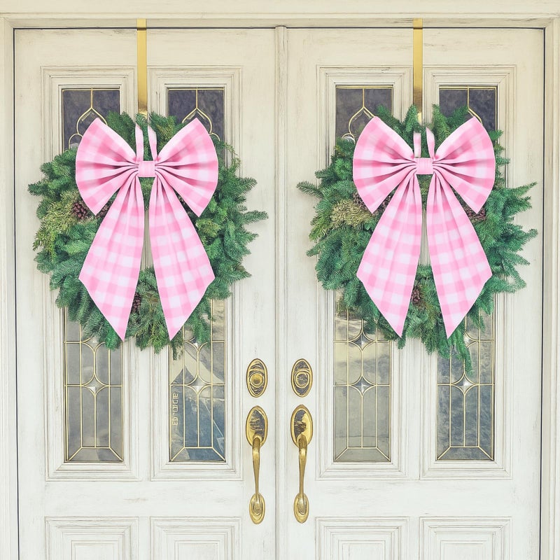 Suncalla 2 Pcs Pink Plaid Wreath Bow 19.6'' x 11.8'' Coquette Front Door Hanger Cute Bow Wreath Accessories Xmas Party Yard Doorway Indoor Outdoor Wall Decoration - Image 1