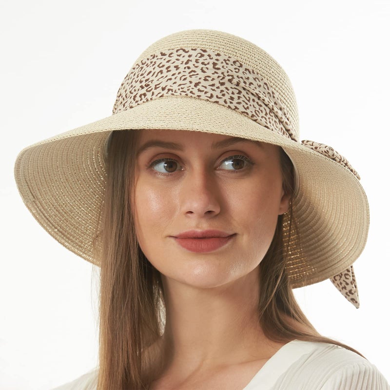 FENELY Straw Sun Hat for Women Summer Beach Wide Brim UV Protection Hats with Chin Strap Leopard Khaki Floppy Foldable Packable Ladies Fashion Cute Bowknot Travel UPF 50 Cap for Girls - Image 5