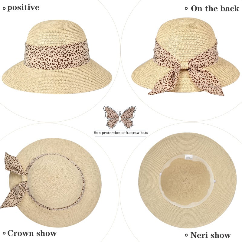 FENELY Straw Sun Hat for Women Summer Beach Wide Brim UV Protection Hats with Chin Strap Leopard Khaki Floppy Foldable Packable Ladies Fashion Cute Bowknot Travel UPF 50 Cap for Girls - Image 3