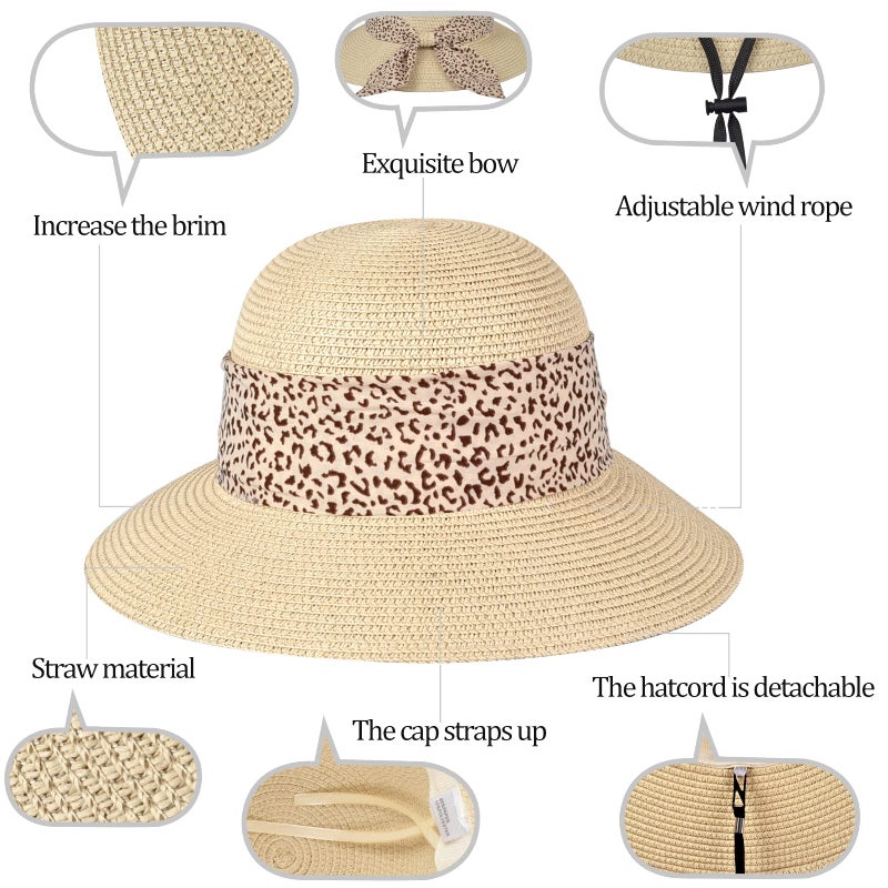 FENELY Straw Sun Hat for Women Summer Beach Wide Brim UV Protection Hats with Chin Strap Leopard Khaki Floppy Foldable Packable Ladies Fashion Cute Bowknot Travel UPF 50 Cap for Girls - Image 4