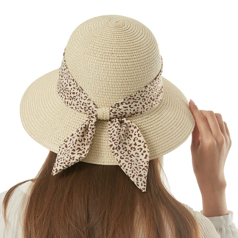 FENELY Straw Sun Hat for Women Summer Beach Wide Brim UV Protection Hats with Chin Strap Leopard Khaki Floppy Foldable Packable Ladies Fashion Cute Bowknot Travel UPF 50 Cap for Girls - Image 1