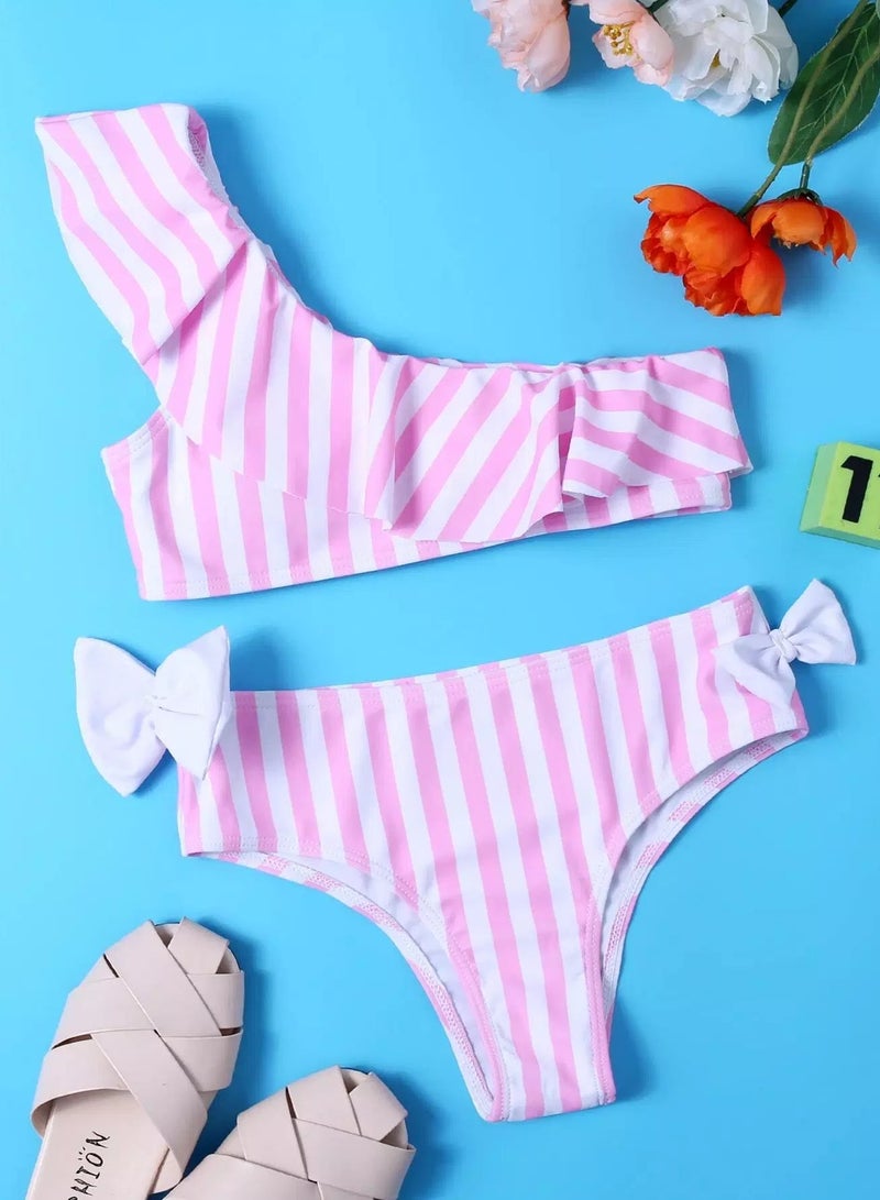 Girls Striped Ruffle One Shoulder Bikini Swimsuit  - Image 1