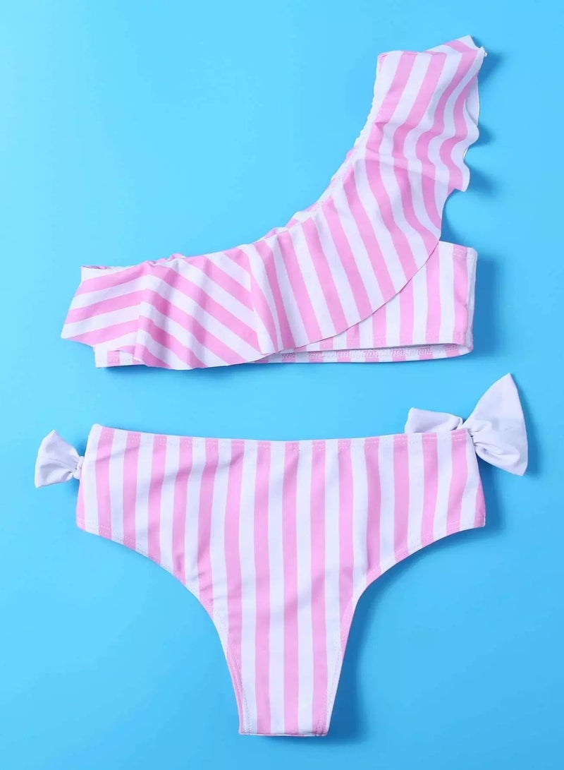 Girls Striped Ruffle One Shoulder Bikini Swimsuit  - Image 2