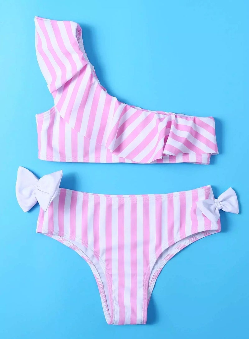 Girls Striped Ruffle One Shoulder Bikini Swimsuit  - Image 3