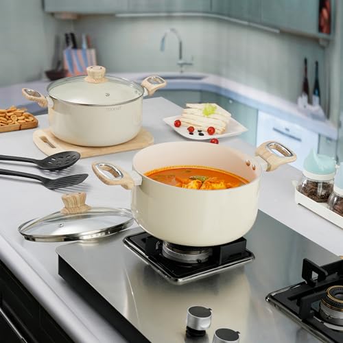 COOKAID Casserole Set of 2 | Casserole Set with Glass Lid | 6Pcs Cookware Set | 3.9 & 4.8 LTR with 2Pc Nylon Tools | ISI Certified | Casserole for Cooking | Ceramic Non Stick Cooking Pot - Cream - Image 1