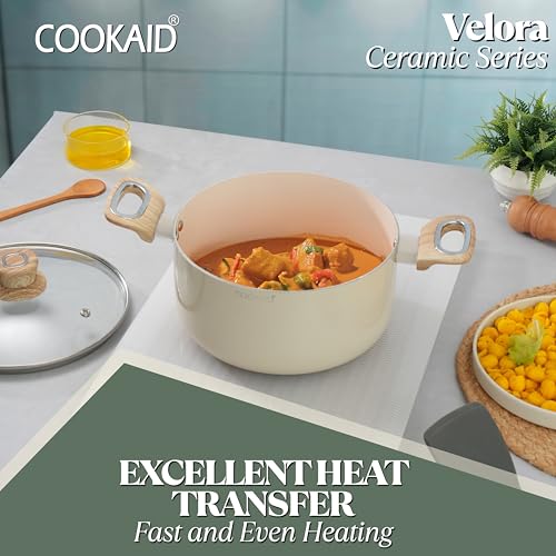 COOKAID Casserole Set of 2 | Casserole Set with Glass Lid | 6Pcs Cookware Set | 3.9 & 4.8 LTR with 2Pc Nylon Tools | ISI Certified | Casserole for Cooking | Ceramic Non Stick Cooking Pot - Cream - Image 4