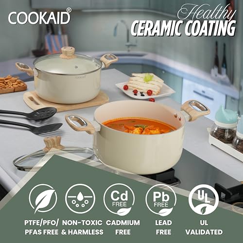 COOKAID Casserole Set of 2 | Casserole Set with Glass Lid | 6Pcs Cookware Set | 3.9 & 4.8 LTR with 2Pc Nylon Tools | ISI Certified | Casserole for Cooking | Ceramic Non Stick Cooking Pot - Cream - Image 3