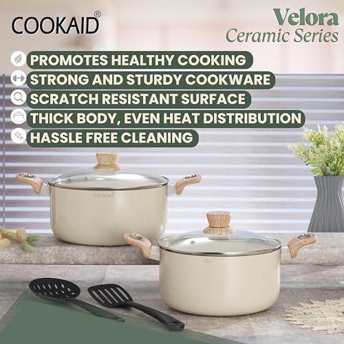 COOKAID Casserole Set of 2 | Casserole Set with Glass Lid | 6Pcs Cookware Set | 3.9 & 4.8 LTR with 2Pc Nylon Tools | ISI Certified | Casserole for Cooking | Ceramic Non Stick Cooking Pot - Cream - Image 5