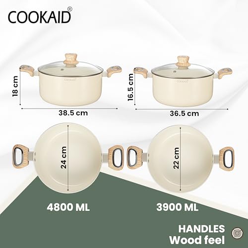 COOKAID Casserole Set of 2 | Casserole Set with Glass Lid | 6Pcs Cookware Set | 3.9 & 4.8 LTR with 2Pc Nylon Tools | ISI Certified | Casserole for Cooking | Ceramic Non Stick Cooking Pot - Cream - Image 2