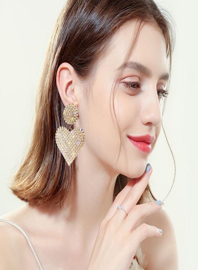 Anmpab Full Rhinestones Heart Stud Earrings for Women Sparkling Crystal Love Heart Drop Dangle Earrings Bride Jewelry (Gold) - Image 4