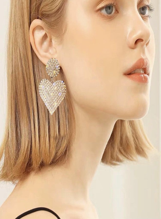 Anmpab Full Rhinestones Heart Stud Earrings for Women Sparkling Crystal Love Heart Drop Dangle Earrings Bride Jewelry (Gold) - Image 2