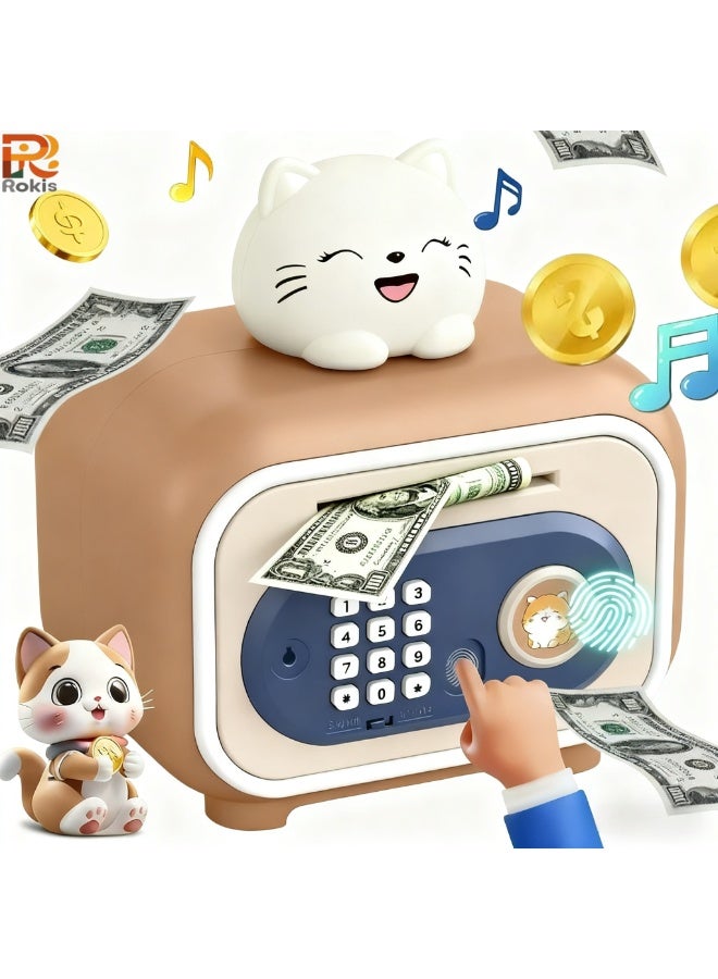 Rokis Electronic Money Bank for Kids Smart Piggy Bank with Automatic Bill Grab Password and Fingerprint Lock Coin Storage Sound Effects Educational Toy for Financial Learning and Saving Habits Brown Smiley Cat Design for Everyday Use - Image 1