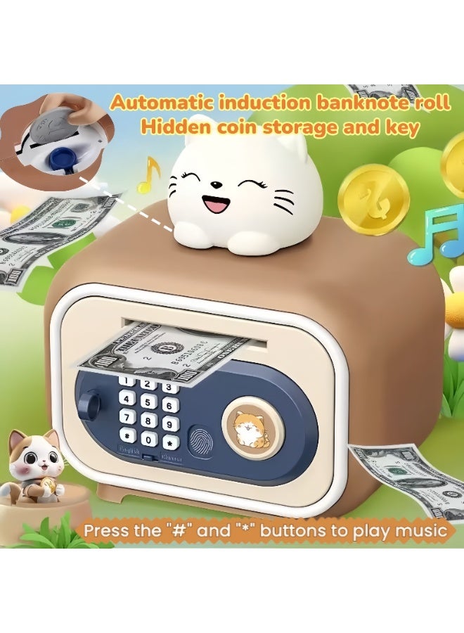 Rokis Electronic Money Bank for Kids Smart Piggy Bank with Automatic Bill Grab Password and Fingerprint Lock Coin Storage Sound Effects Educational Toy for Financial Learning and Saving Habits Brown Smiley Cat Design for Everyday Use - Image 5