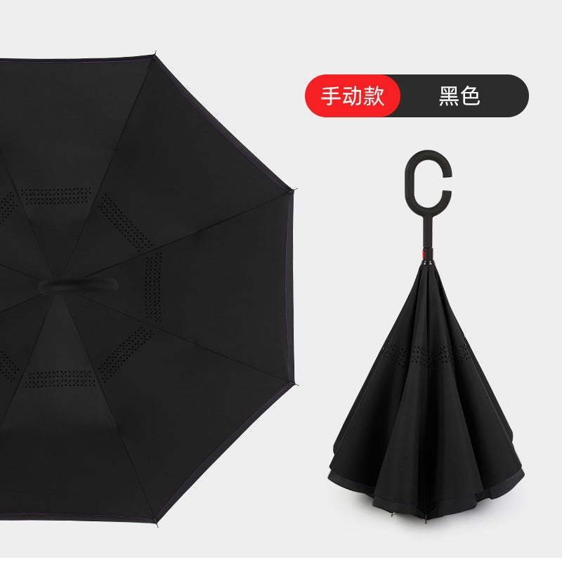 Hands-Free C-Handle Standable Reverse Umbrella Black hand opening 