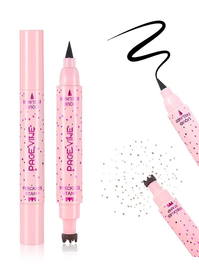 PAGE VINE Eyeliner Freckle Pen, 2 in 1 Light Brown Freckle Stamp and Black Liquid Eyeliner, Waterproof, Natural Lifelike Freckles Makeup, Soft Sopt Pen Magic Fake Freckles- 01# Light - Image 1