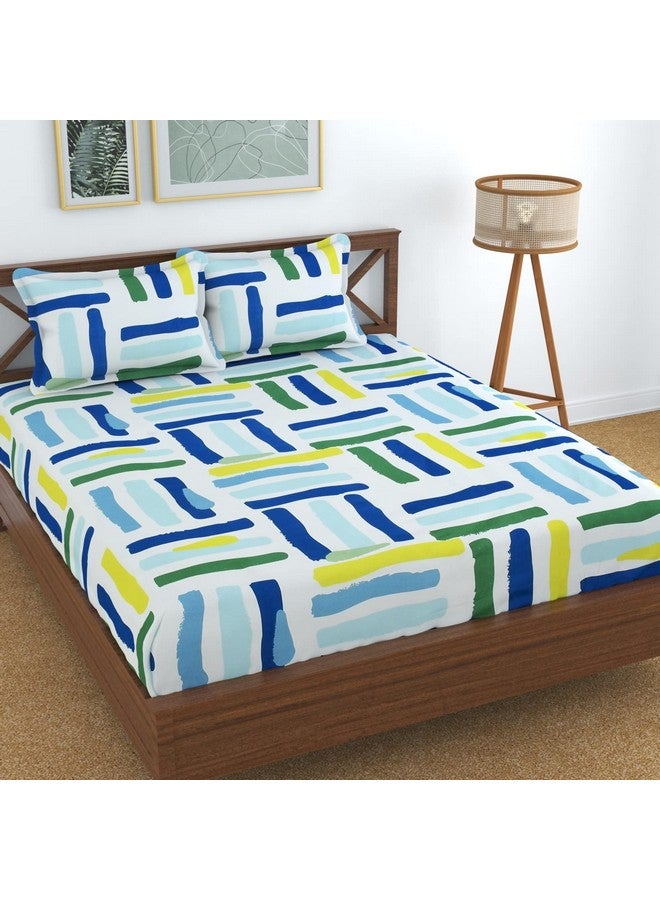 KAWI Elatic Fitted Bedsheets Queen Size(60"X78") Cotton Feel Double Bed All Around Elastic Fitting With 2 Pillow Covers-White/Green Color,220 TC - Image 1